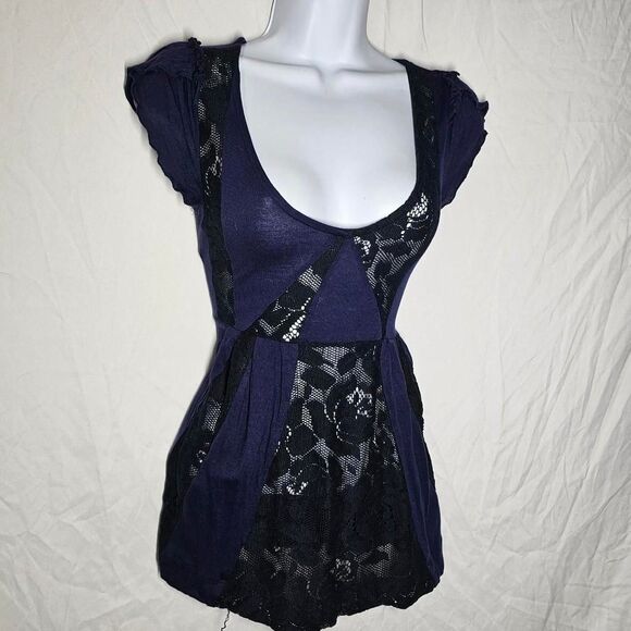 Kimchi blue navy blue lace patterned abstract gothic babydoll top - Picture 1 of 5